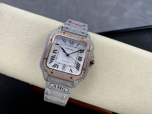 Cartier watch with silver-tone dial, Roman numerals, jeweled case, metal strap