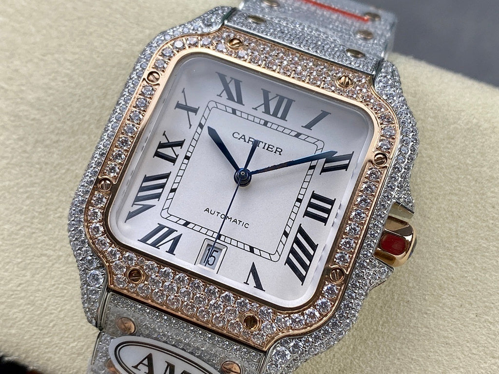 Cartier watch angled front view, white dial, Roman numerals, crystal bezel, AMG mark