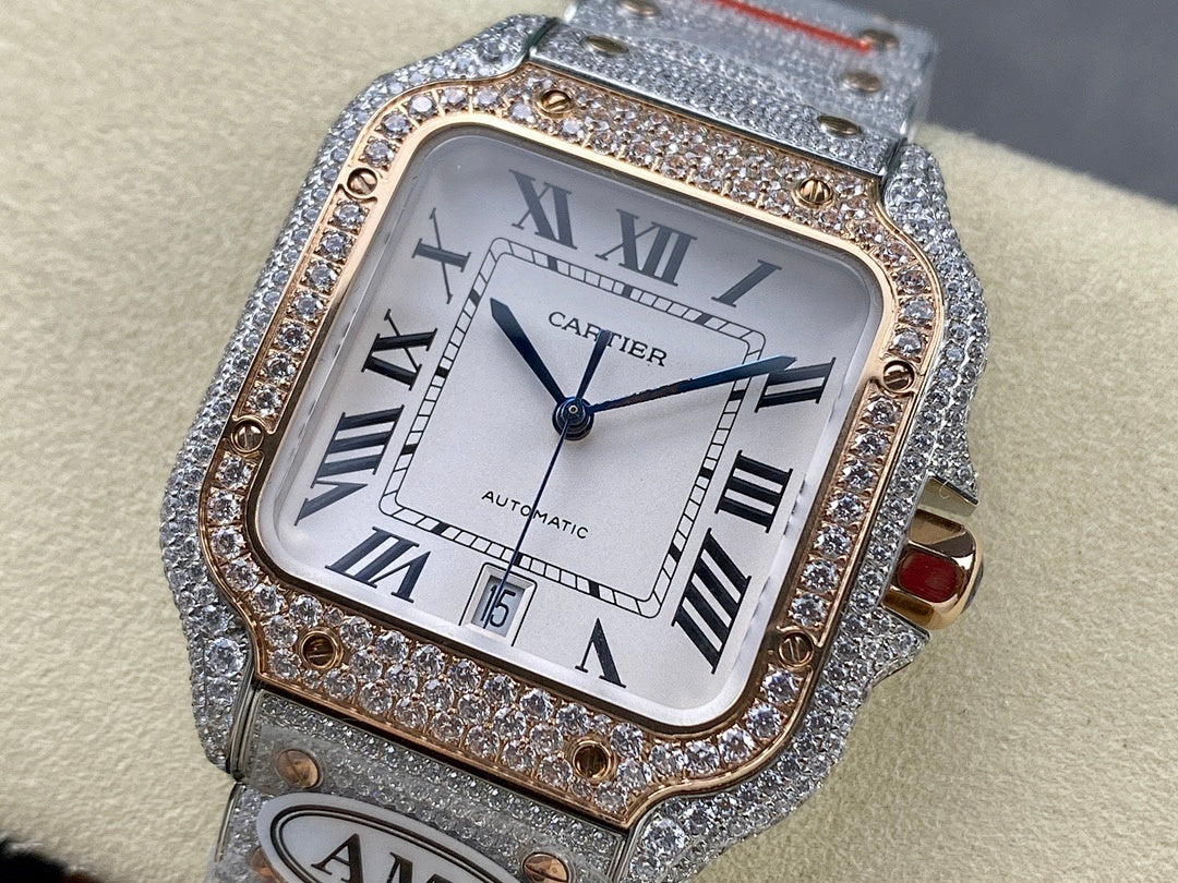 Cartier watch angled front view, white dial, Roman numerals, crystal bezel, AMG mark