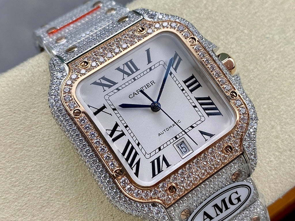 Cartier watch close front view, white dial, Roman numerals, crystal-set case and studs