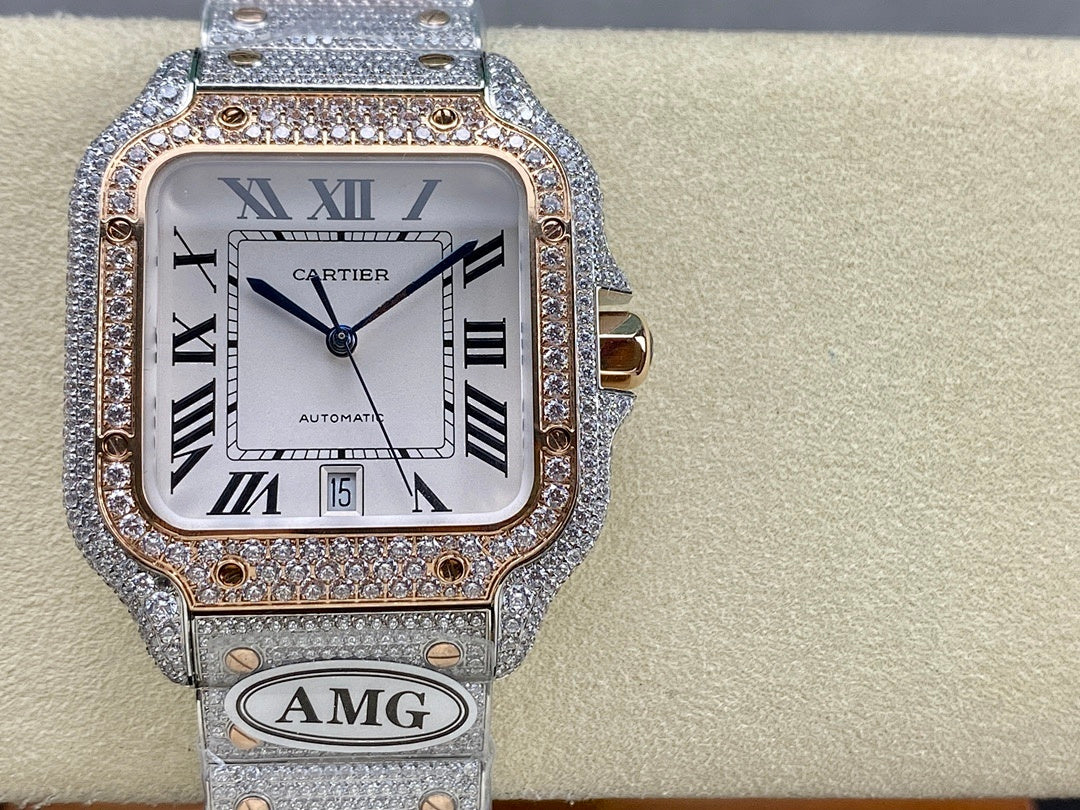 Cartier watch front view on display, Roman numeral dial, jeweled bezel, metal bracelet
