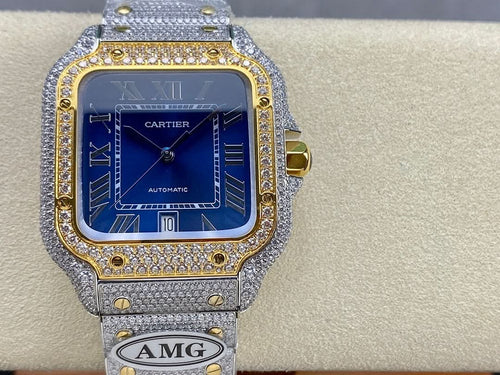 Cartier watch with blue dial, Roman numeral markers, jeweled gold frame, gray strap