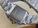 Cartier watch caseback with “Cartier” engraving on gray bracelet, close-up