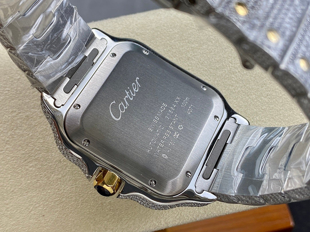 Cartier watch caseback with “Cartier” engraving on gray bracelet, close-up