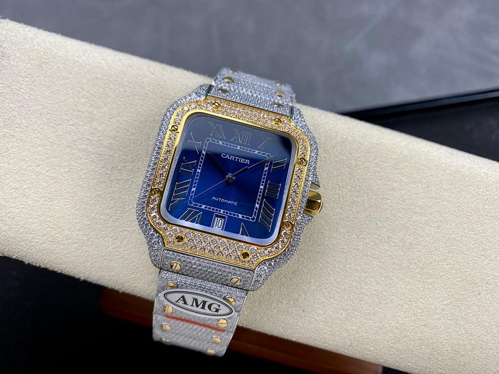 Cartier watch with blue dial, Roman numerals, jeweled bezel, gray diamond strap