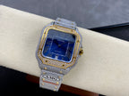 Cartier watch with blue dial, Roman numerals, jeweled bezel, gray diamond strap