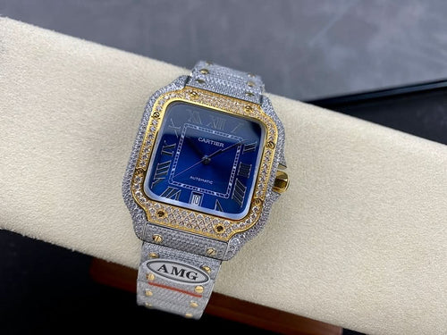 Cartier watch with blue dial, Roman numerals, jeweled bezel, gray diamond strap
