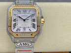 Cartier automatic watch with gold and diamond square case, Roman dial, gray strap