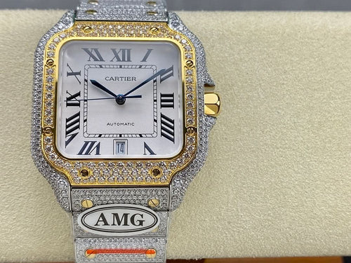 Cartier automatic watch with gold and diamond square case, Roman dial, gray strap