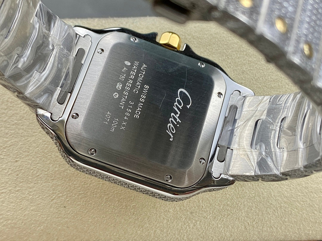 Cartier watch case back with engraved logo and textured gray metal bracelet