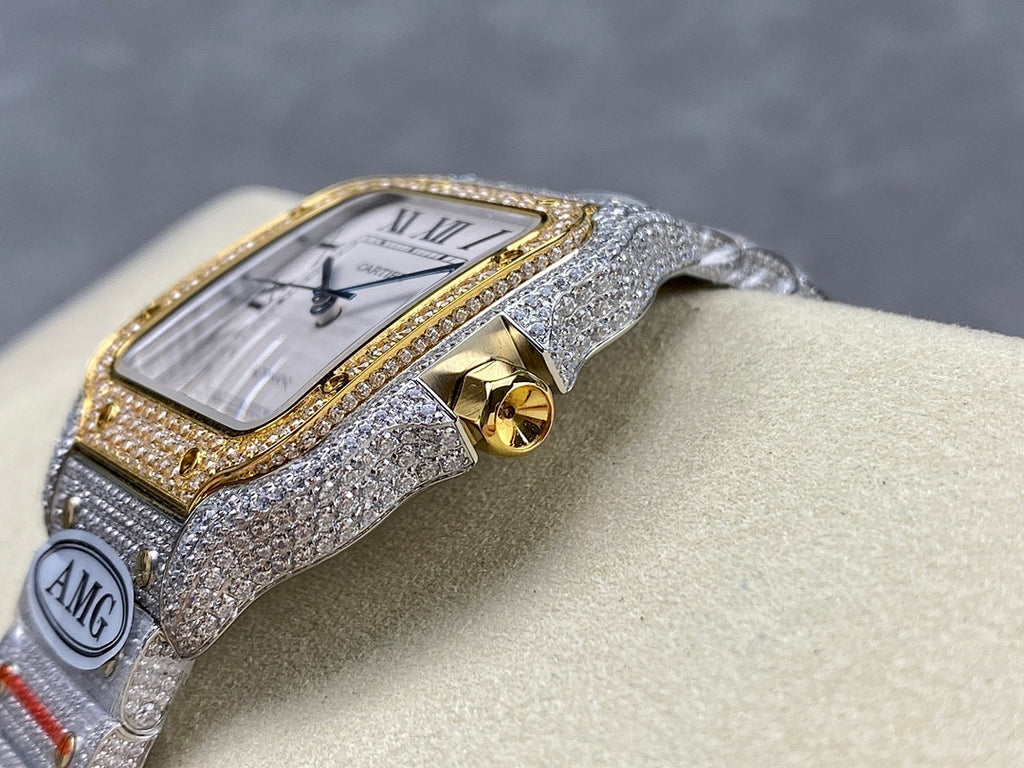 Cartier watch side view with gold crown, jeweled bezel, and gray strap