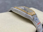 Cartier watch angled view with diamond strap, gold-trimmed frame, and Roman dial