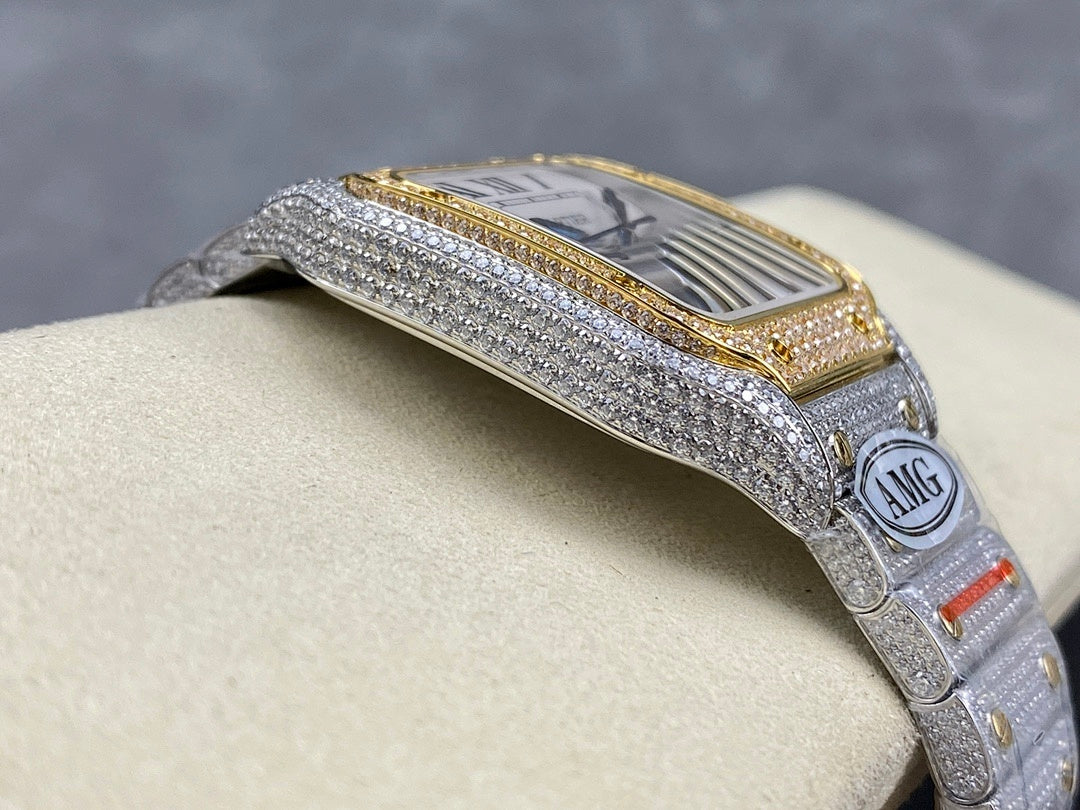 Cartier watch angled view with diamond strap, gold-trimmed frame, and Roman dial