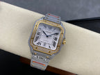 Cartier watch with jeweled square bezel, Roman dial, and gray leather strap