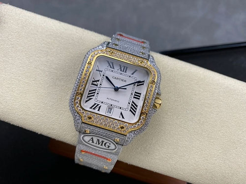 Cartier watch with jeweled square bezel, Roman dial, and gray leather strap