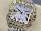 Cartier automatic watch with gold bezel outline, Roman numerals, and gray jeweled strap