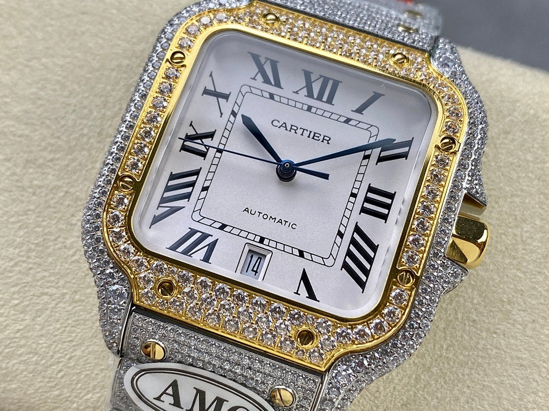 Cartier automatic watch with gold bezel outline, Roman numerals, and gray jeweled strap