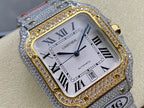 Cartier watch close-up with jeweled bezel, Roman dial, and gray band