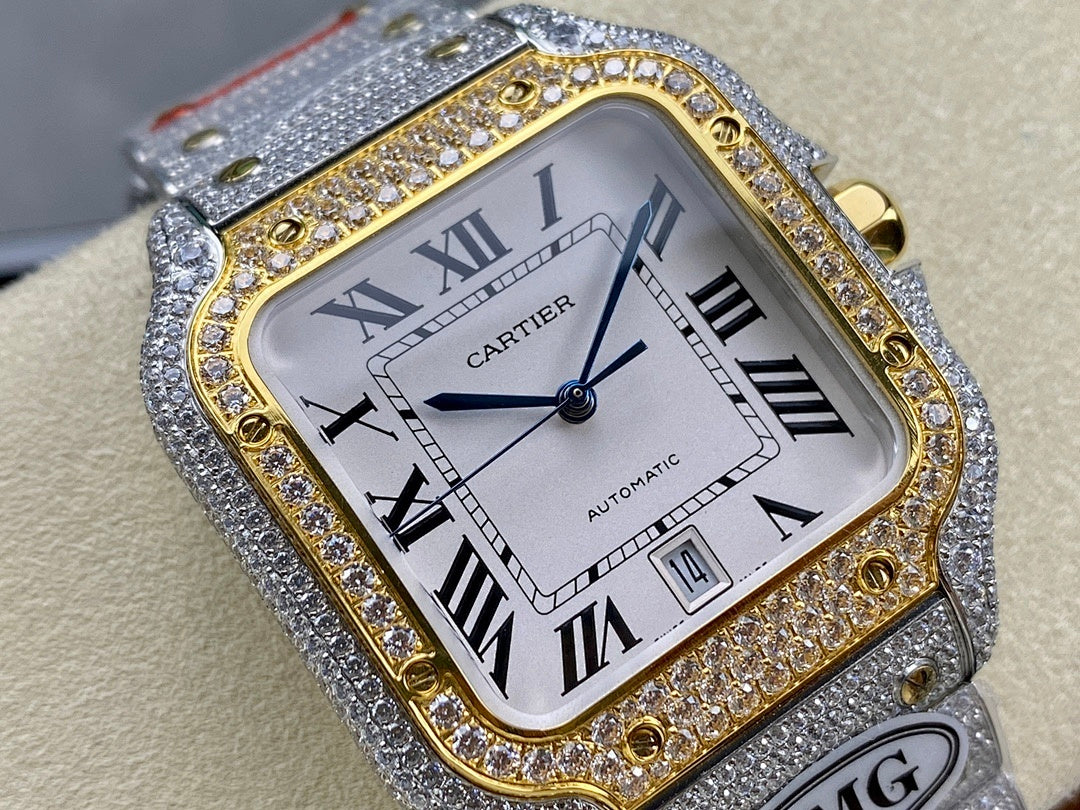 Cartier watch close-up with jeweled bezel, Roman dial, and gray band