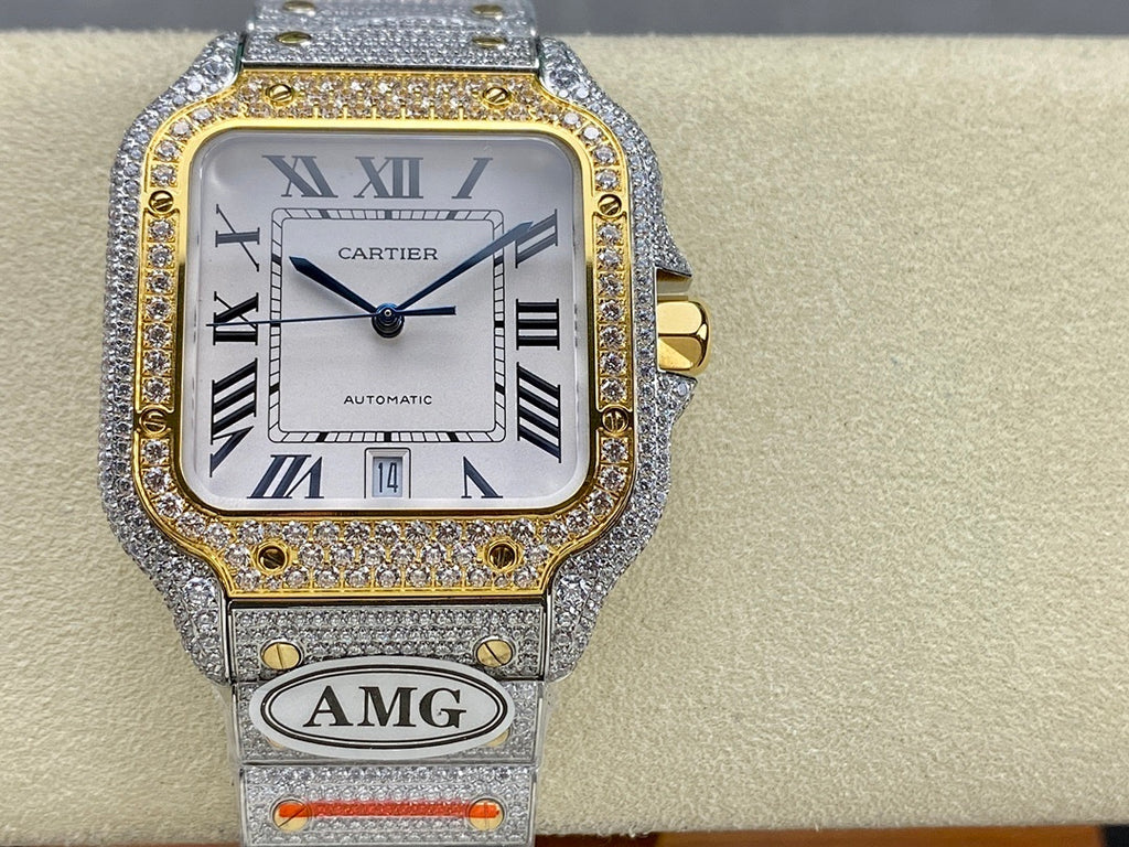 Cartier watch with jeweled square bezel, Roman dial, and gray leather strap