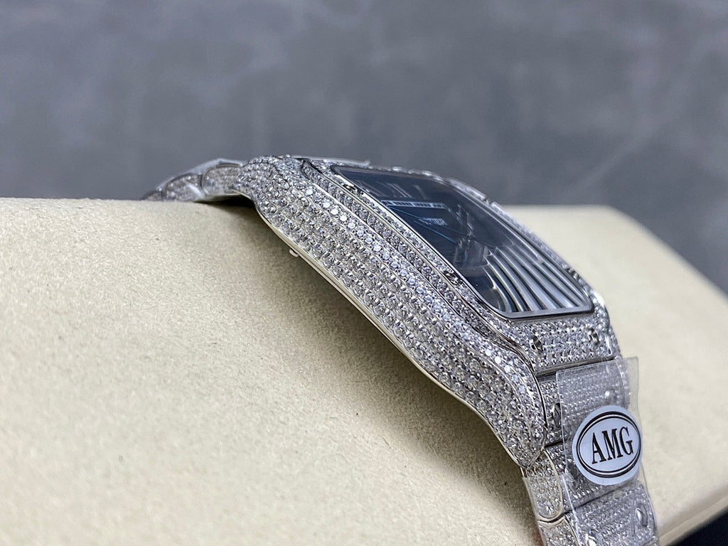 Cartier diamond watch side profile with blue dial and silver textured bezel, crown visible