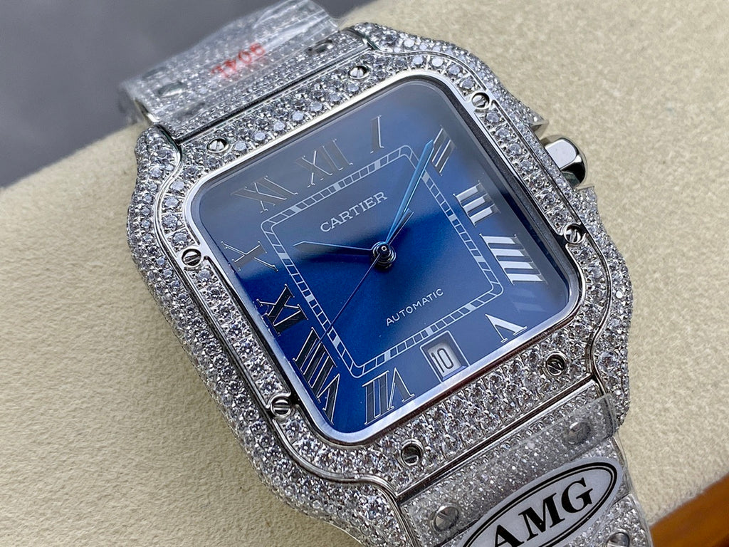 Cartier diamond watch angled front view with blue dial, roman numerals, silver textured case