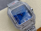 Cartier diamond watch angled front view with blue dial, roman numerals, silver textured case