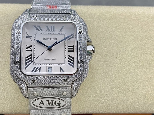 Square-faced Cartier watch with diamond bezel, gray strap, and AMG logo plaque