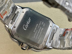 Cartier watch caseback with engraved text and steel bracelet links