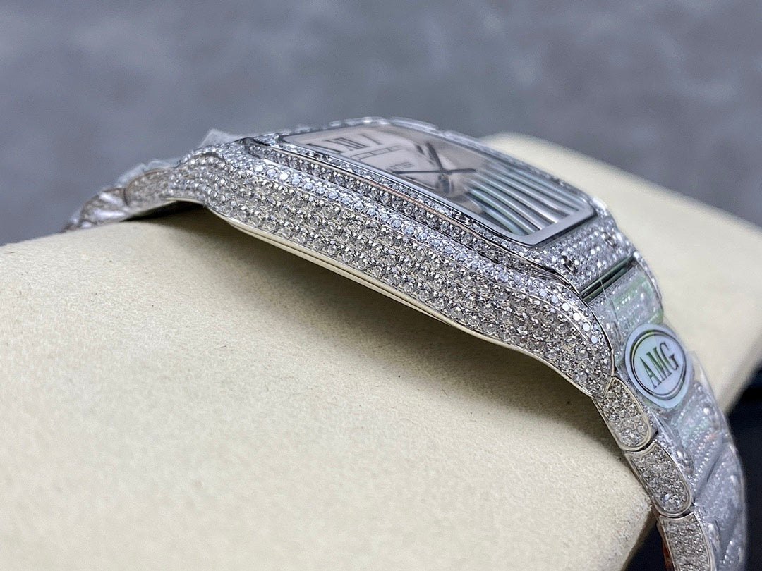 Diamond bezel Cartier watch with striped dial and metal bracelet on cushion