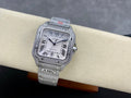 Diamond-studded Cartier watch with gray strap and AMG plaque on cushion