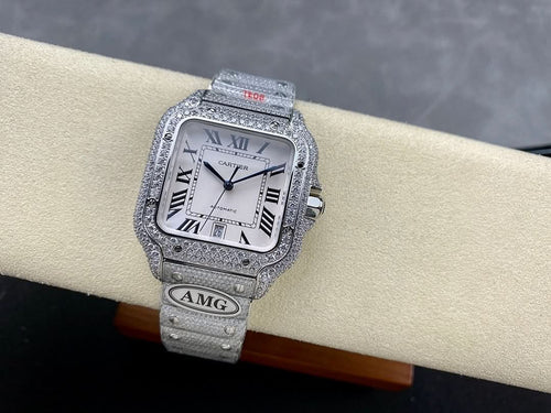 Diamond-studded Cartier watch with gray strap and AMG plaque on cushion