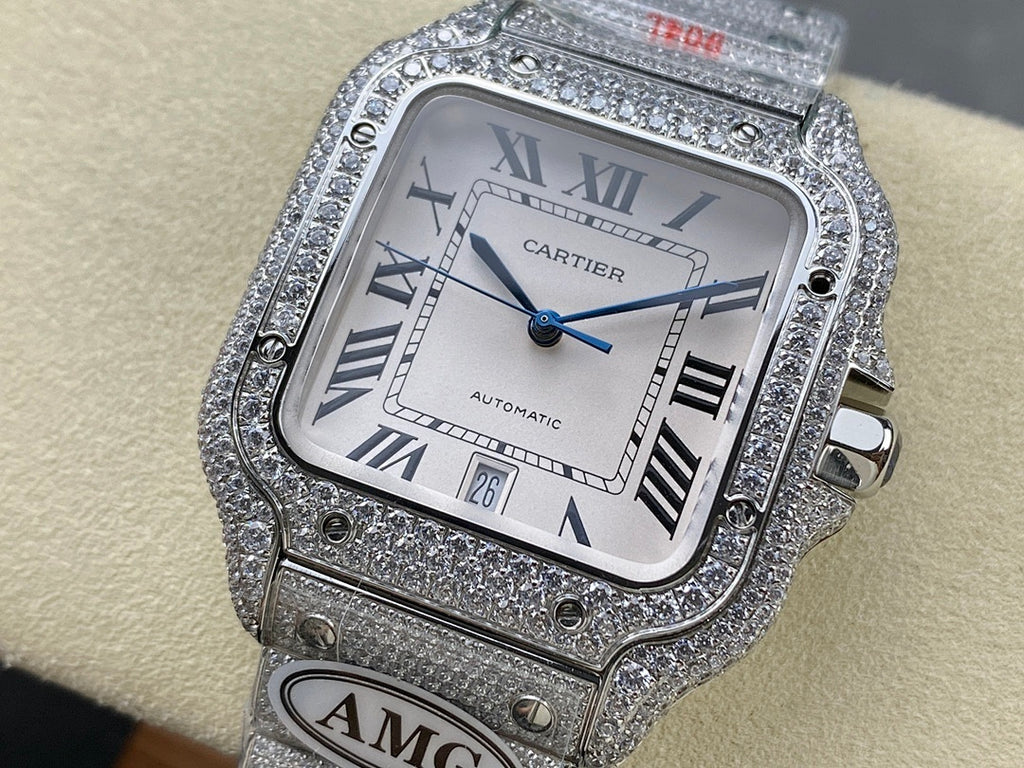 Square Cartier watch with roman numerals, diamond bezel, and gray AMG strap plaque