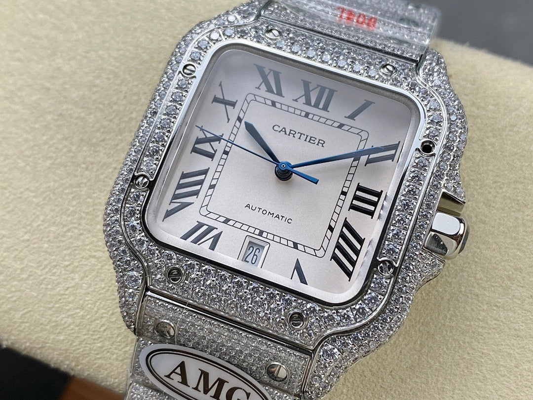 Square Cartier watch with roman numerals, diamond bezel, and gray AMG strap plaque
