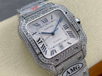 Angled Cartier watch with roman numerals, blue hands, and diamond-set bezel