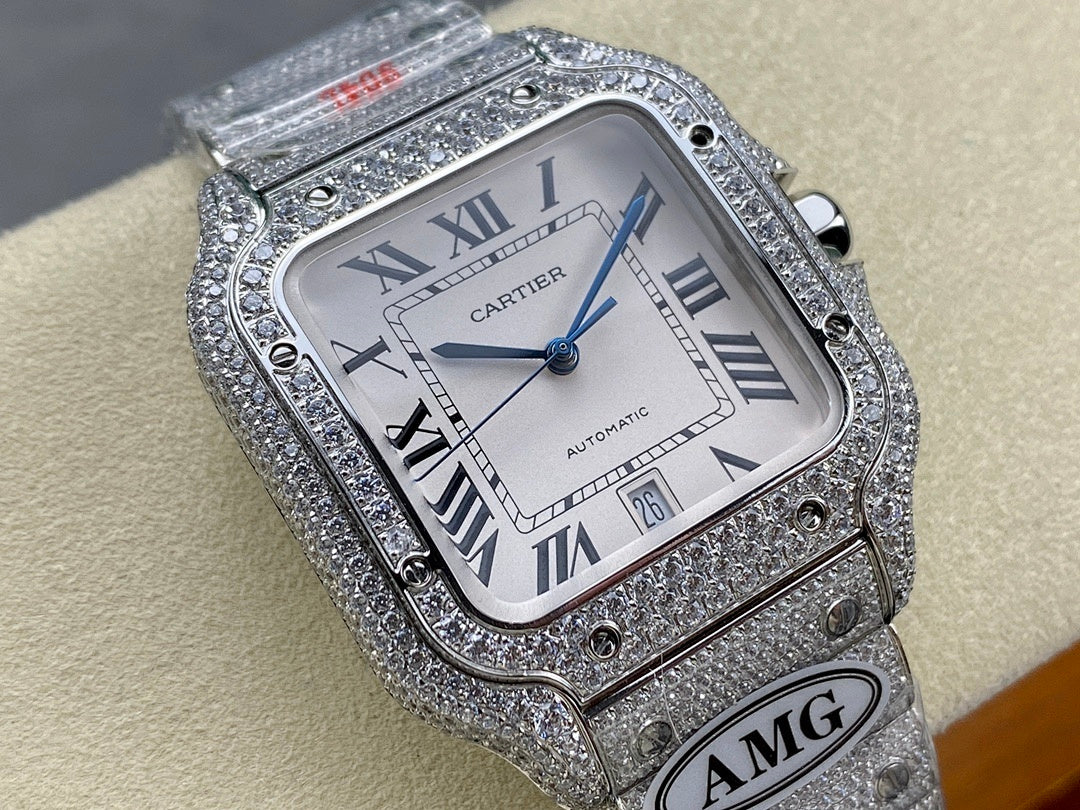 Angled Cartier watch with roman numerals, blue hands, and diamond-set bezel