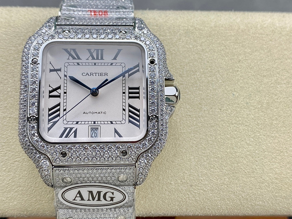 Diamond-studded Cartier watch with gray strap and AMG logo plaque on cushion