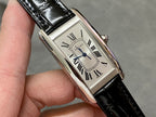 Rectangular wristwatch with silver-tone case, white dial, Roman numerals, black leather strap.