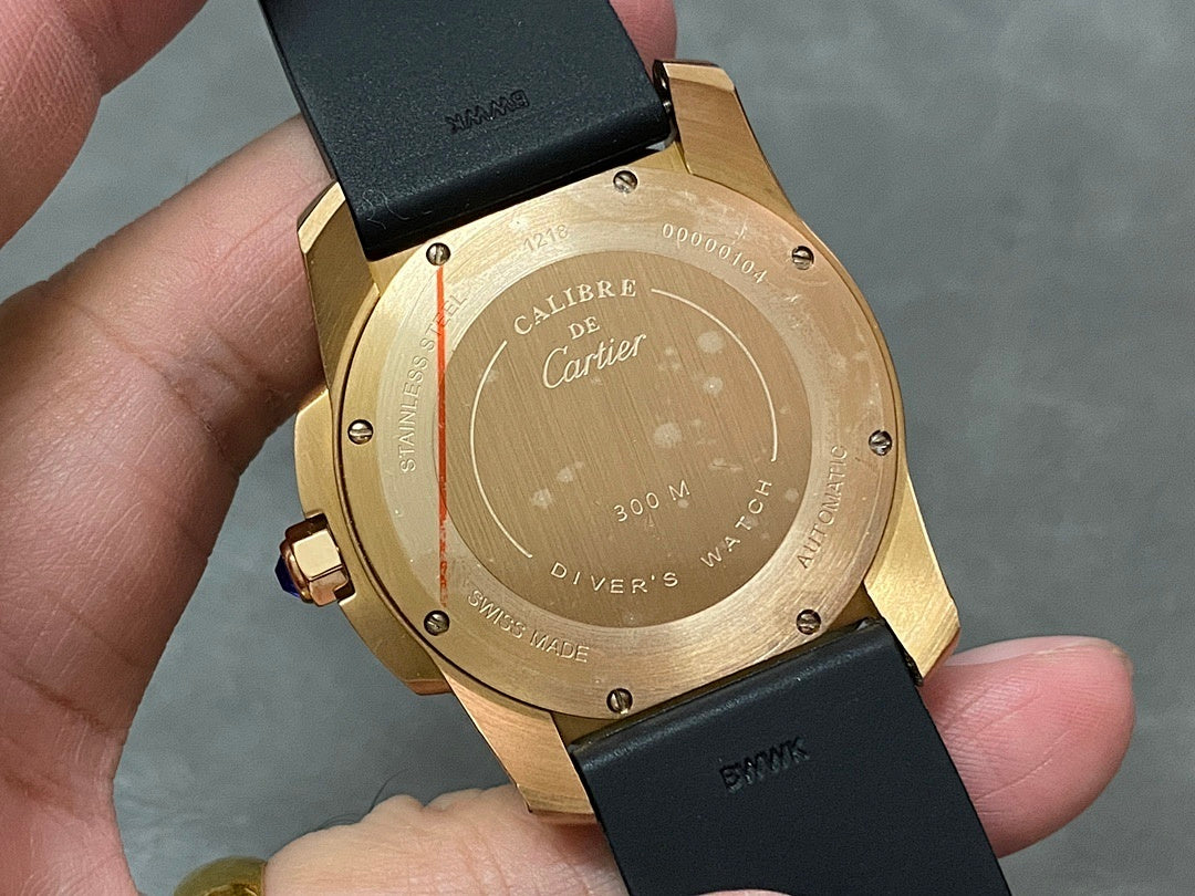 Gold-tone watch case back with black strap; engraved dial with text and markings