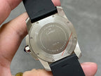 Cartier watch caseback with Diver 300M marking and black strap, stainless steel