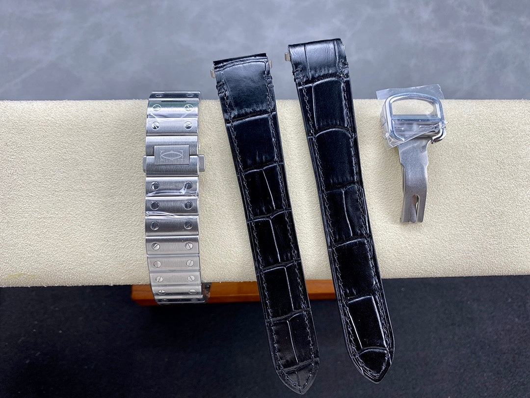 Stainless steel watch case with black leather straps and matching clasp hardware