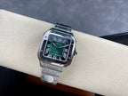 Cartier watch with green dial and stainless steel bracelet, rectangular black bezel