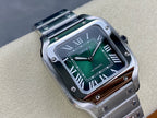 Stainless steel wristwatch with green dial and Roman numerals, angled close-up