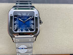 Cartier wristwatch with blue dial, Roman numerals, and steel bracelet, automatic text visible