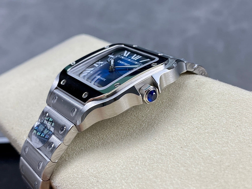 Cartier wristwatch angled view, blue dial with Roman numerals and steel case