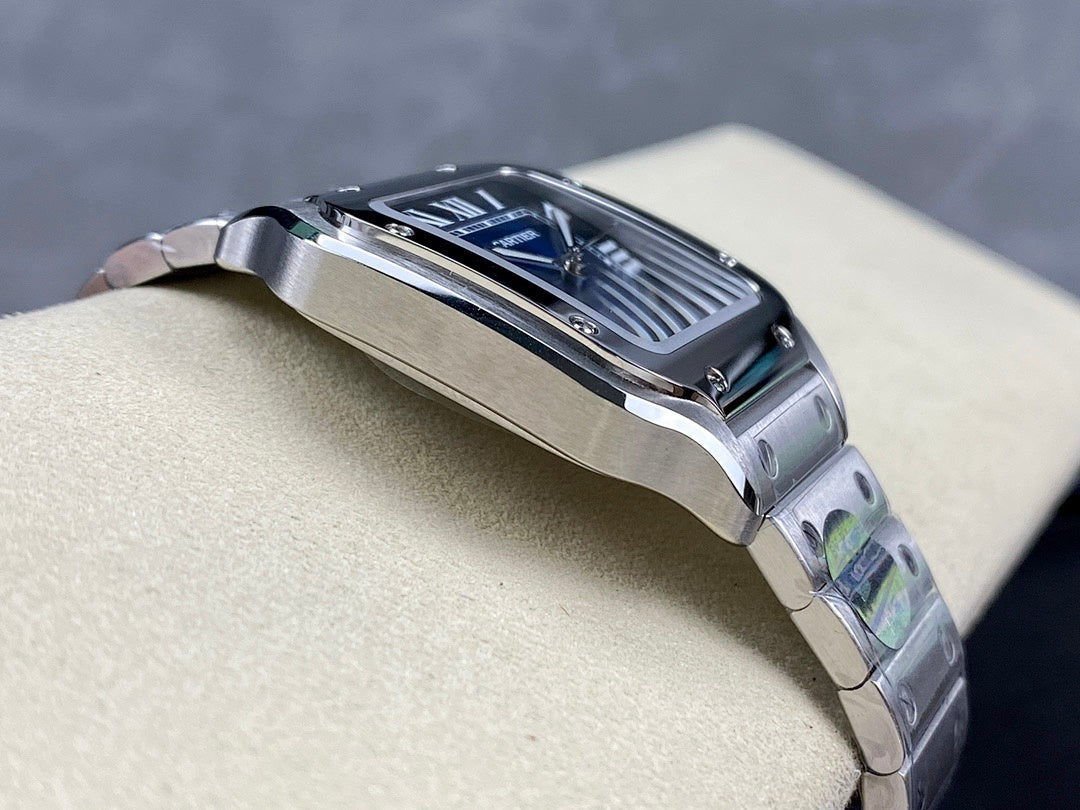 Cartier wristwatch side profile with steel case and bracelet, blue dial visible