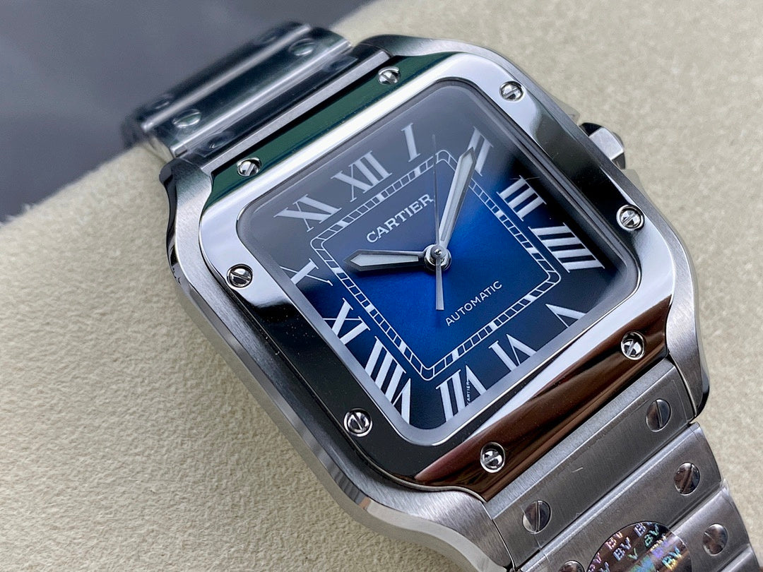 Cartier wristwatch close-up with blue dial, Roman numerals, and automatic text