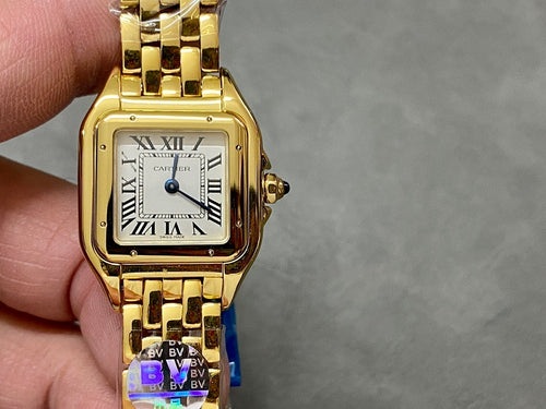 Gold-tone Cartier wristwatch with square face, Roman numerals, and metal link band