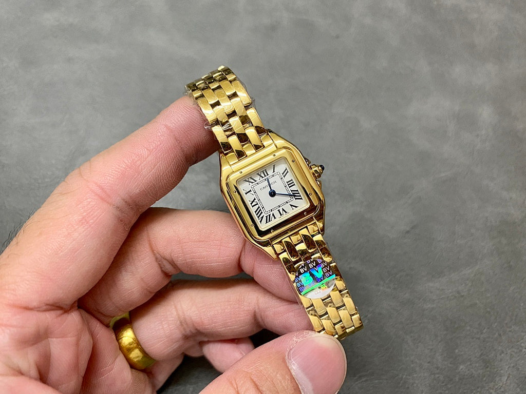Gold-tone Cartier square wristwatch with Roman numeral dial and metal link band