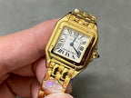 Gold-tone Cartier square wristwatch with Roman numeral dial and metal link bracelet